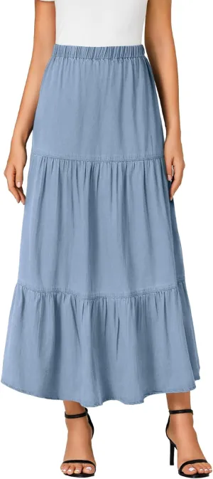 OPOIPIN Women's Elastic High Waist Tiered Ruffle A Line Swing Denim Long Skirt