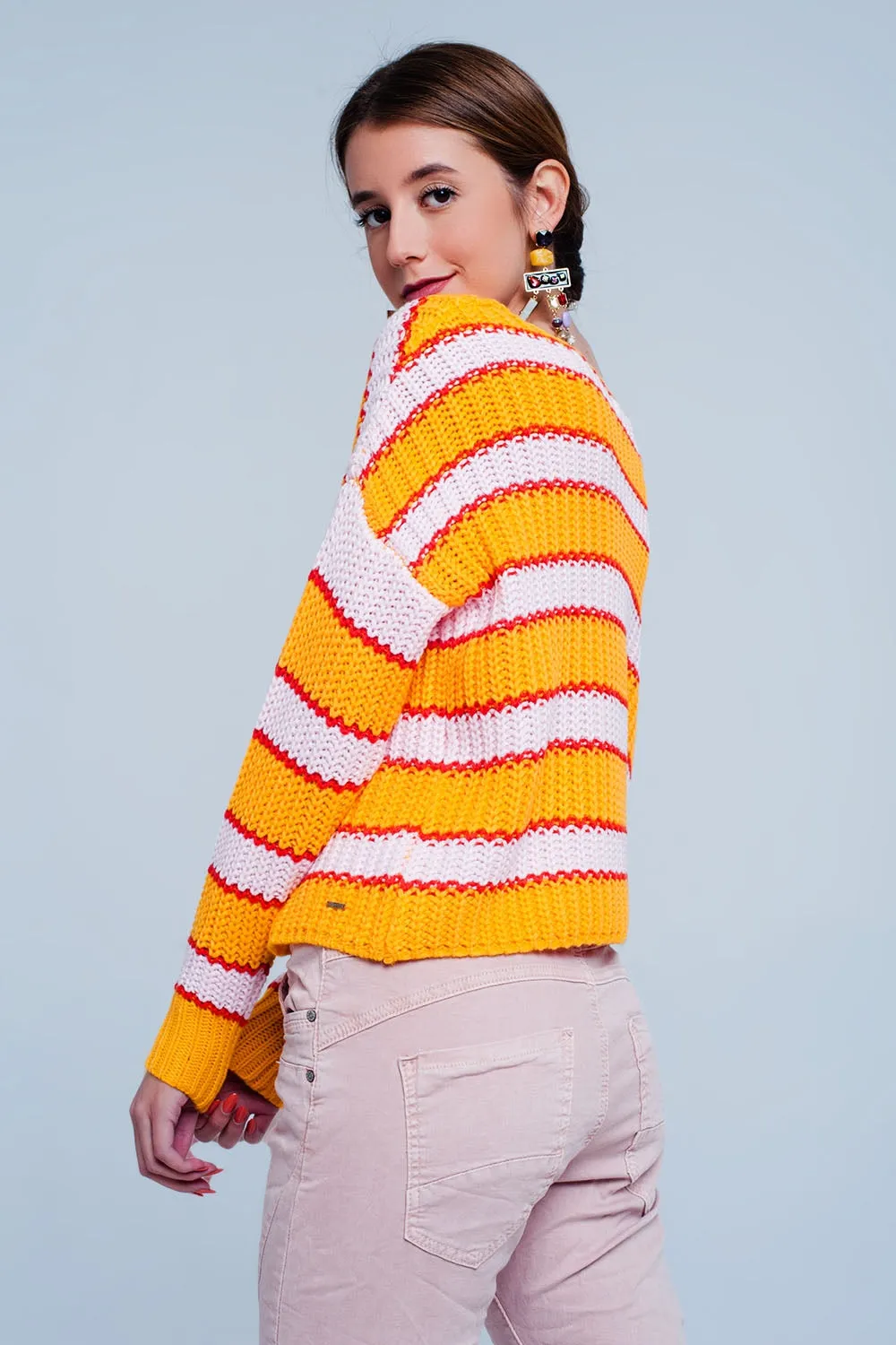 Orange and pink Color block stripe sweater