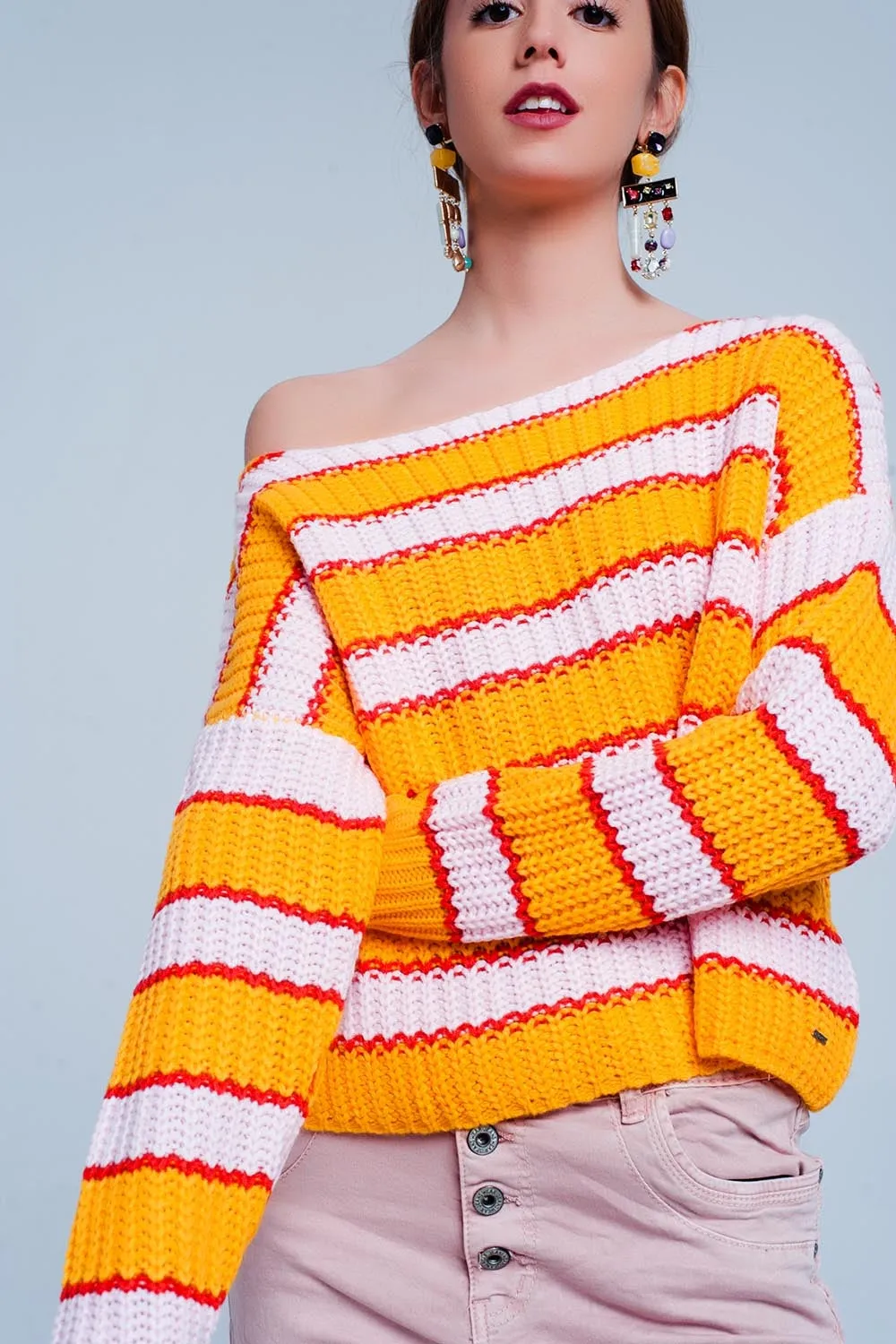 Orange and pink Color block stripe sweater
