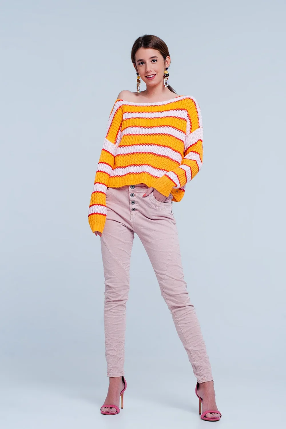 Orange and pink Color block stripe sweater