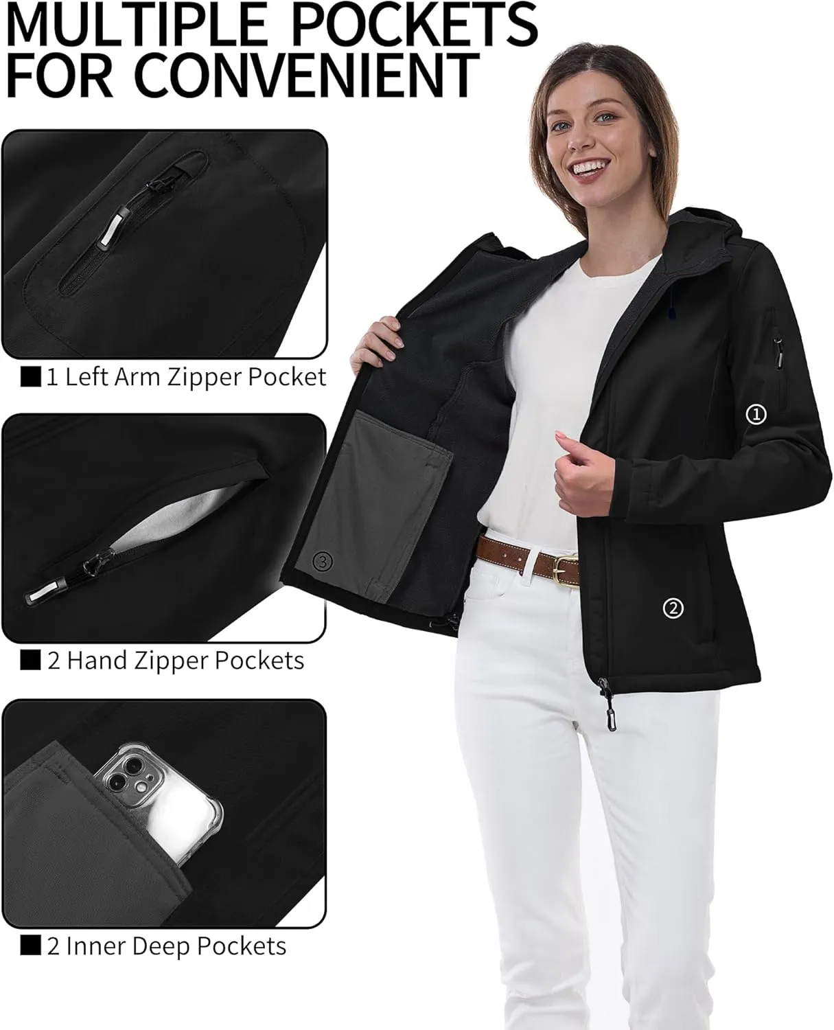 Outdoor Ventures Women's Softshell Jacket with Hood Fleece Lined Warm Lightweight Waterproof Insulated Windbreaker