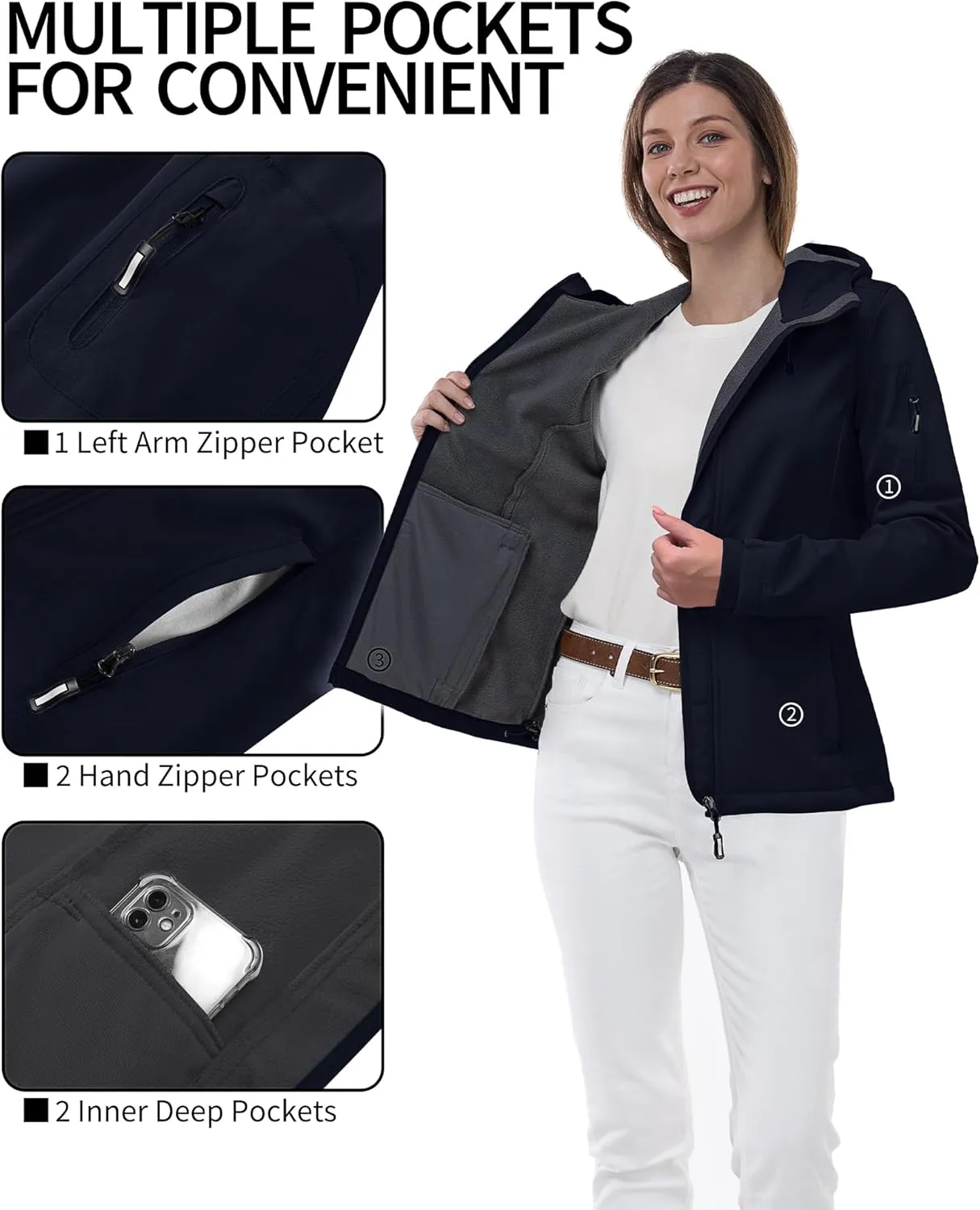 Outdoor Ventures Women's Softshell Jacket with Hood Fleece Lined Warm Lightweight Waterproof Insulated Windbreaker