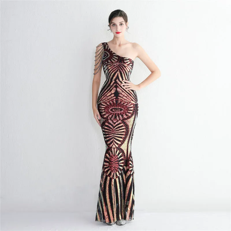 Petal Print Pressed Fit Elegant Single-Shoulder Dress
