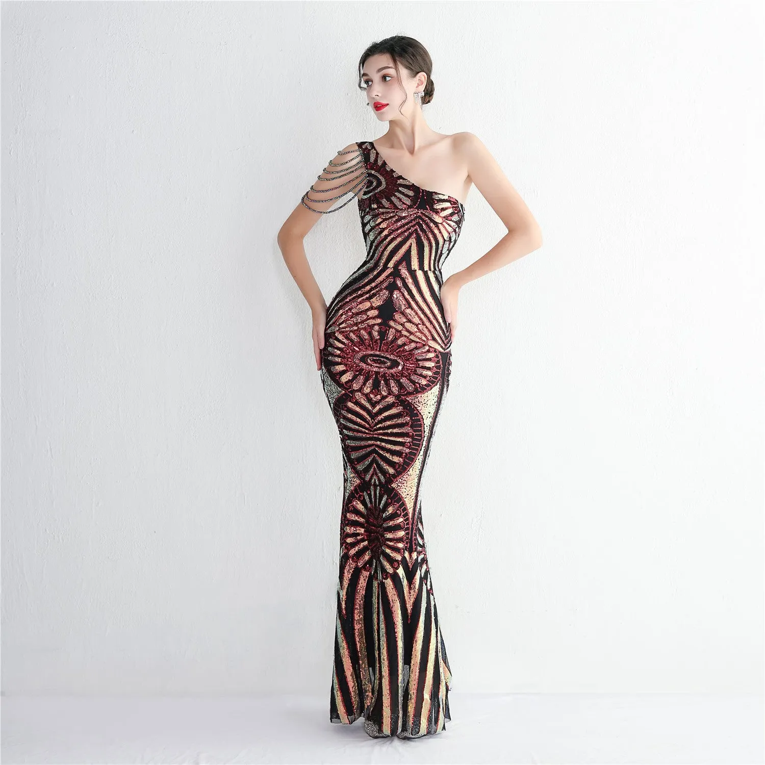 Petal Print Pressed Fit Elegant Single-Shoulder Dress