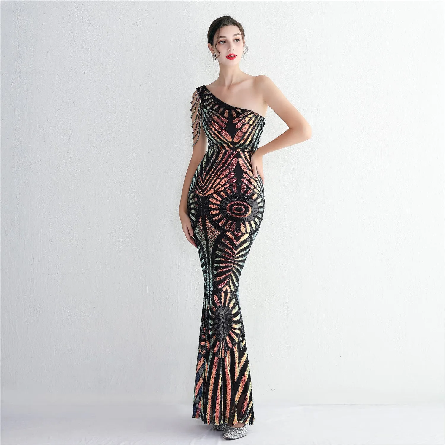 Petal Print Pressed Fit Elegant Single-Shoulder Dress