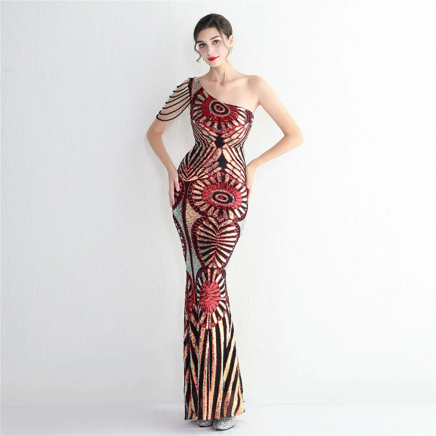 Petal Print Pressed Fit Elegant Single-Shoulder Dress