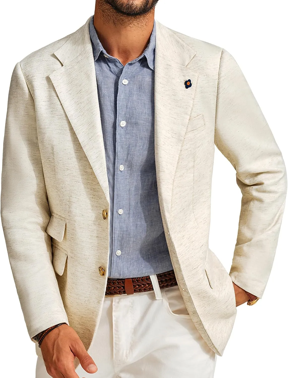 PJ PAUL JONES Men's Sport Coats and Blazers Linen Cotton Blazer Regular Fit 2 Buttons Suit Jacket with Removable Brooch