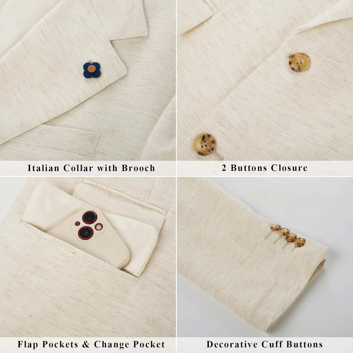 PJ PAUL JONES Men's Sport Coats and Blazers Linen Cotton Blazer Regular Fit 2 Buttons Suit Jacket with Removable Brooch