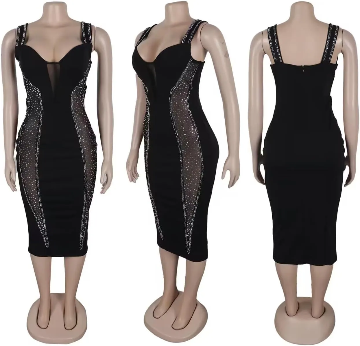 PORRCEY Women's Sexy Elegant Rhinestone Bodycon Party Club Night Dresses Hot Drilling Clubwear