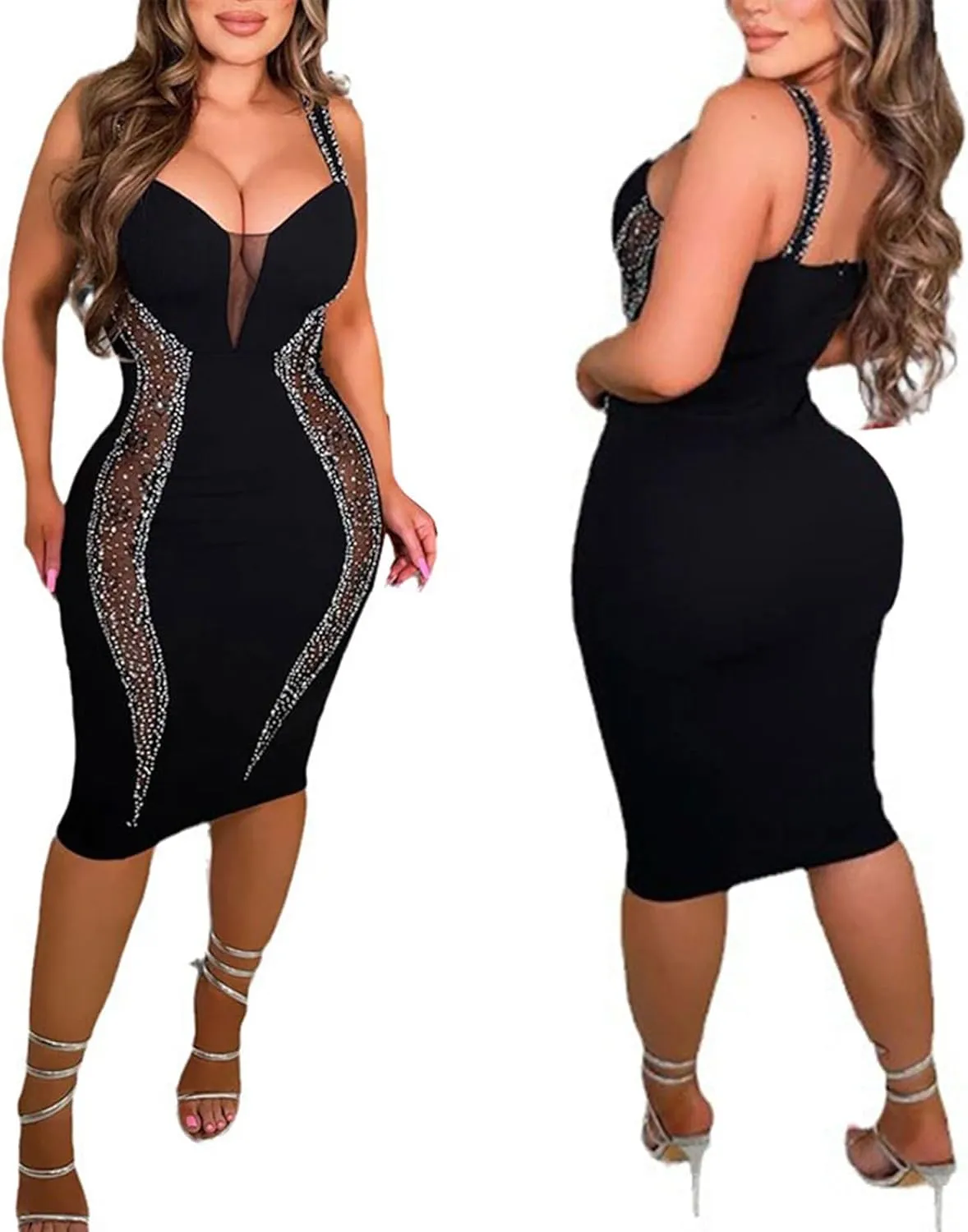 PORRCEY Women's Sexy Elegant Rhinestone Bodycon Party Club Night Dresses Hot Drilling Clubwear