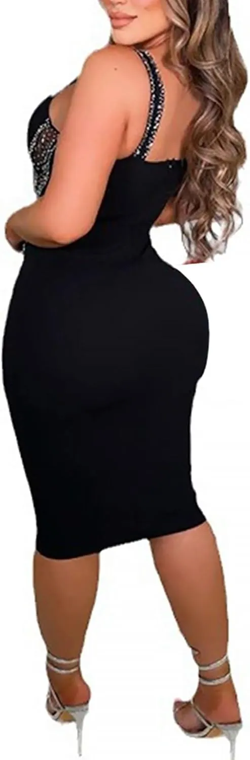 PORRCEY Women's Sexy Elegant Rhinestone Bodycon Party Club Night Dresses Hot Drilling Clubwear