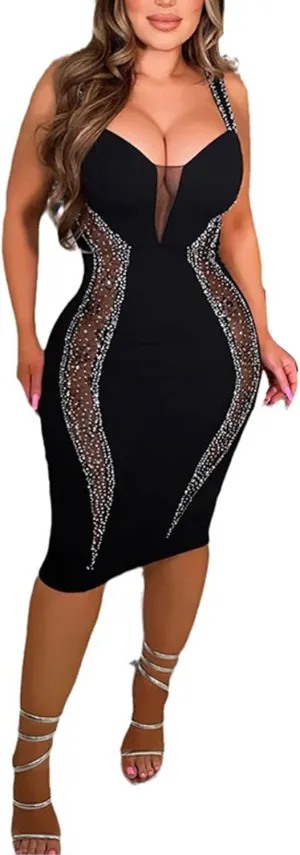 PORRCEY Women's Sexy Elegant Rhinestone Bodycon Party Club Night Dresses Hot Drilling Clubwear
