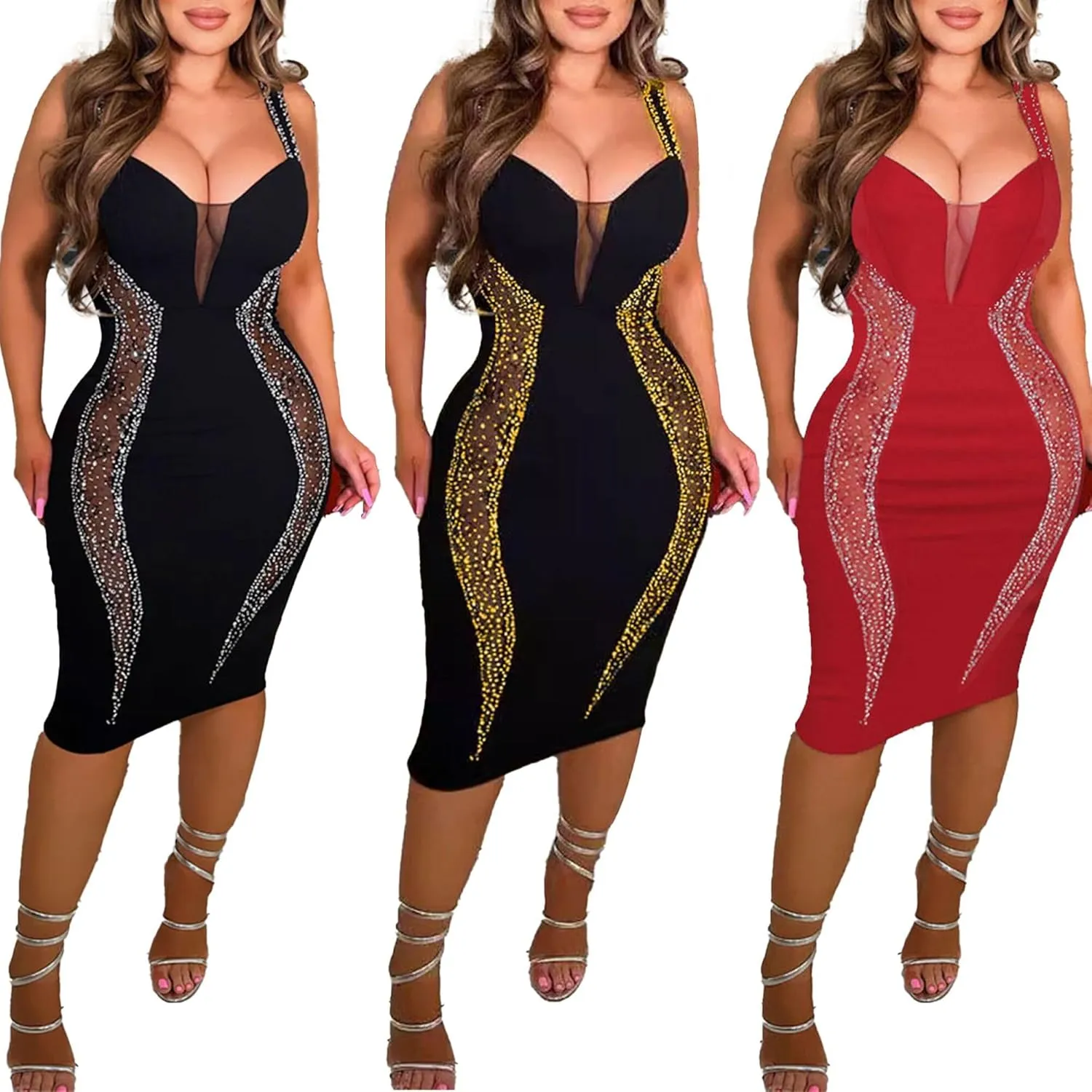 PORRCEY Women's Sexy Elegant Rhinestone Bodycon Party Club Night Dresses Hot Drilling Clubwear