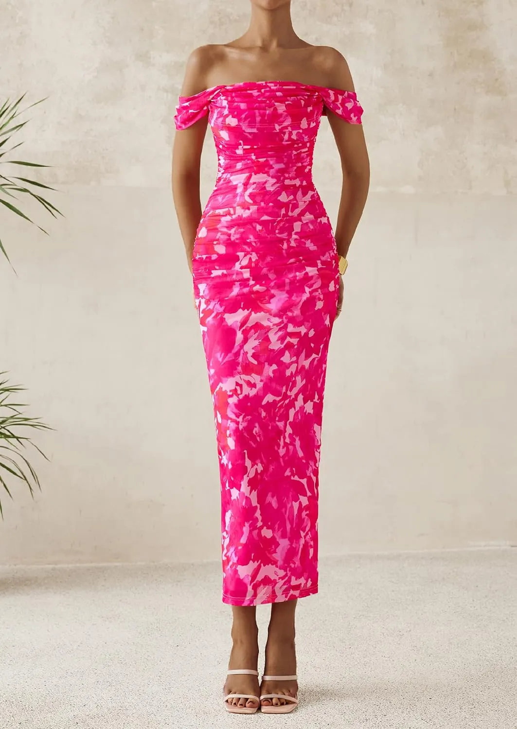 PRETTYGARDEN Women's Floral Maxi Dress 2025 Summer Off Shoulder Mesh Elegant Cocktail Party Ruched Bodycon Dresses