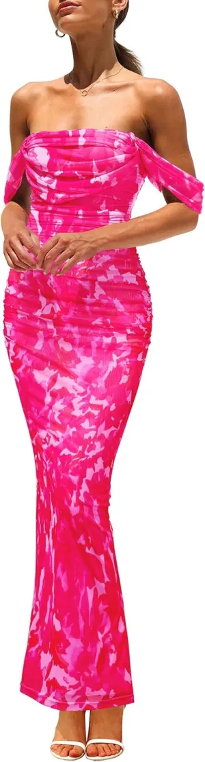 PRETTYGARDEN Women's Floral Maxi Dress 2025 Summer Off Shoulder Mesh Elegant Cocktail Party Ruched Bodycon Dresses