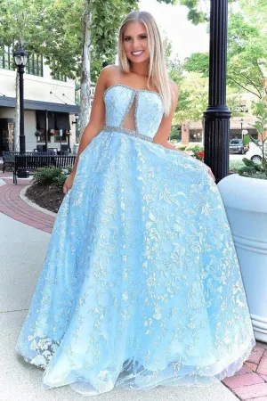 Promfast Stunning A-line Strapless Sky Blue Lace Beaded Long Prom Dresses Evening Dress PFP1775