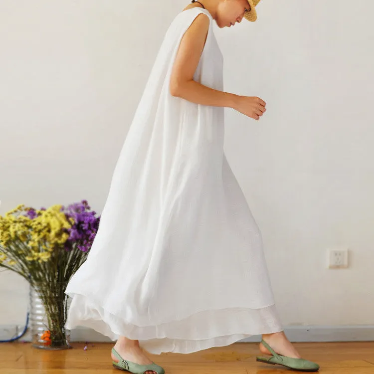 Pure Color Loose O-neck Sleeveless Long Dress