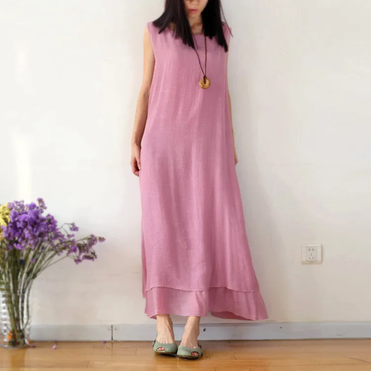 Pure Color Loose O-neck Sleeveless Long Dress