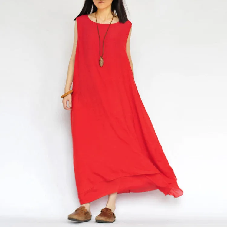 Pure Color Loose O-neck Sleeveless Long Dress
