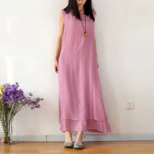 Pure Color Loose O-neck Sleeveless Long Dress