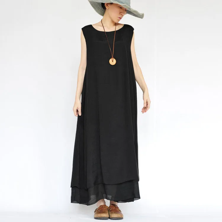 Pure Color Loose O-neck Sleeveless Long Dress