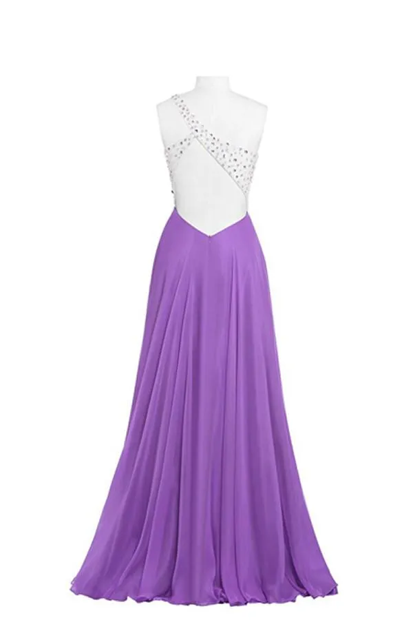 Purple One Shoulder Beaded Long Prom Dresses PFP1282