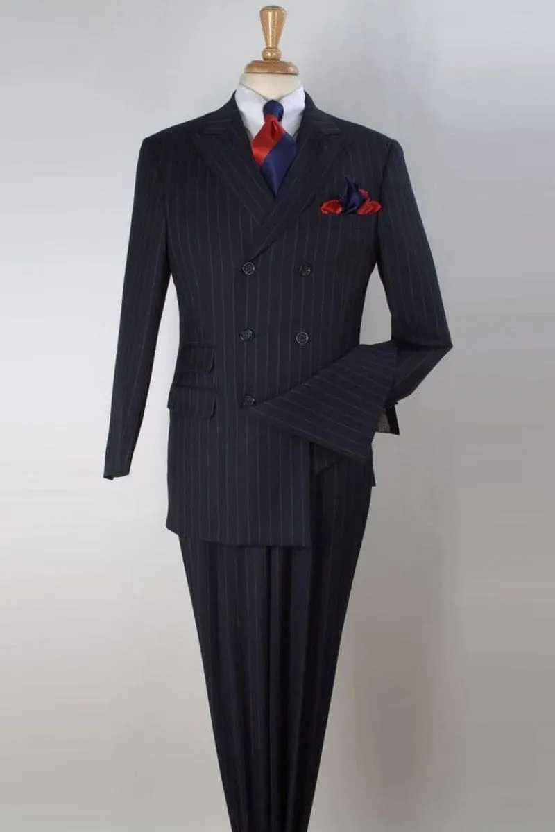 "Navy Pinstripe Wool Vested Suit - Men's Double Breasted Fashion"