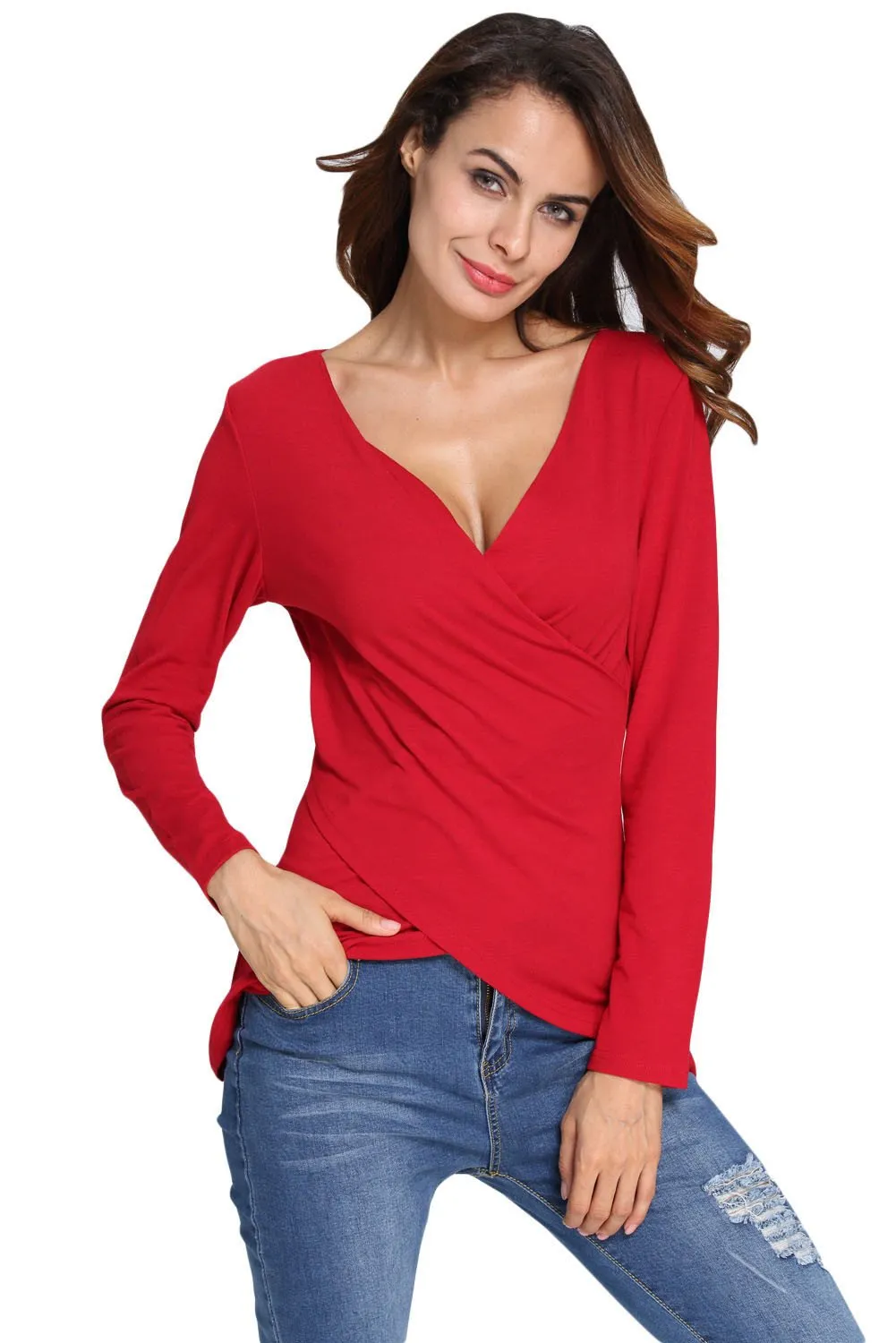 Red Stylish Deep Neck Top