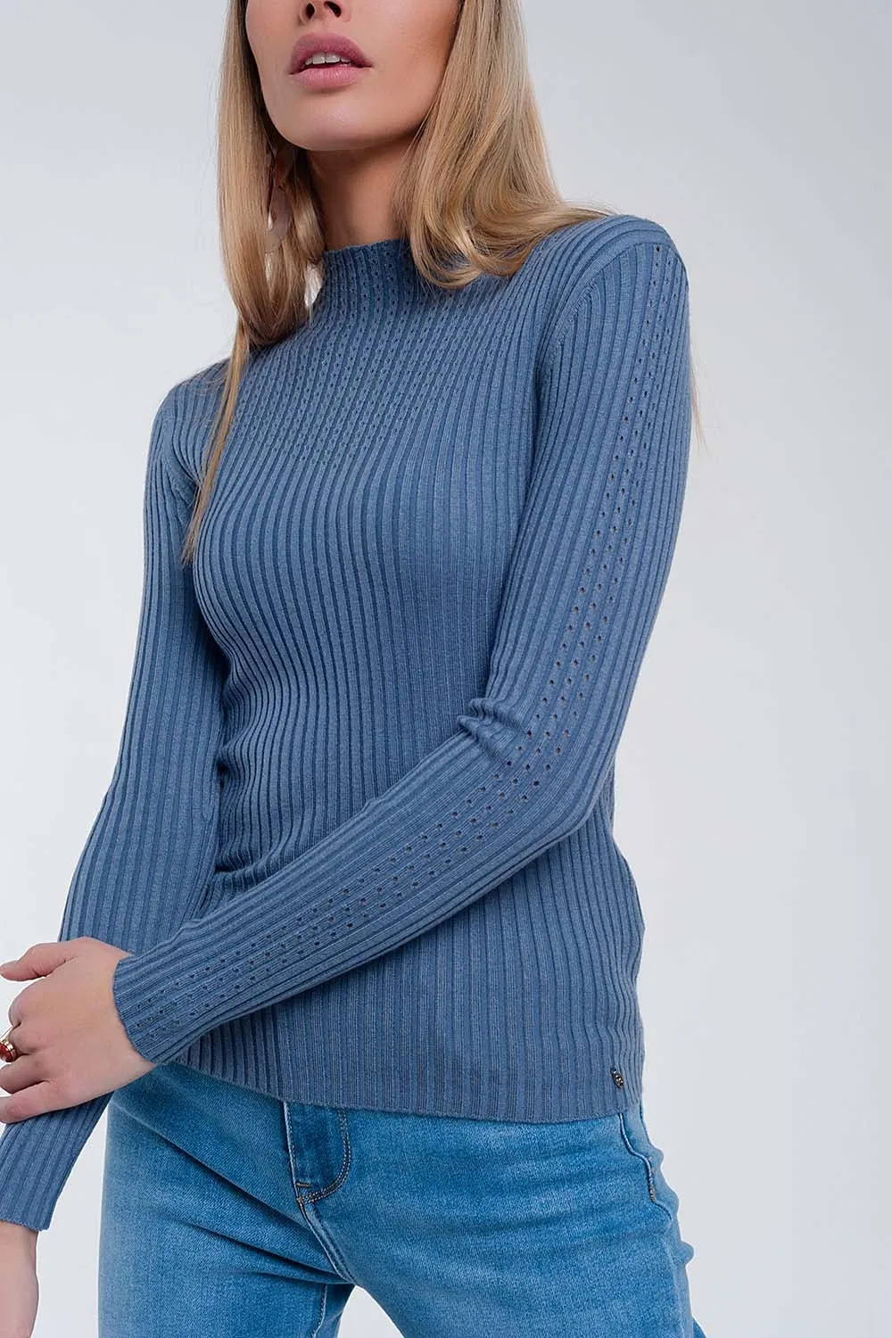 Ribbed jumper with high neck in blue