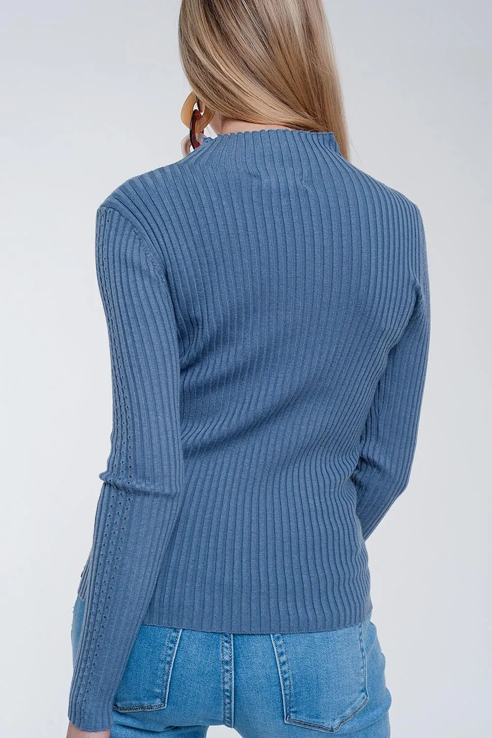 Ribbed jumper with high neck in blue