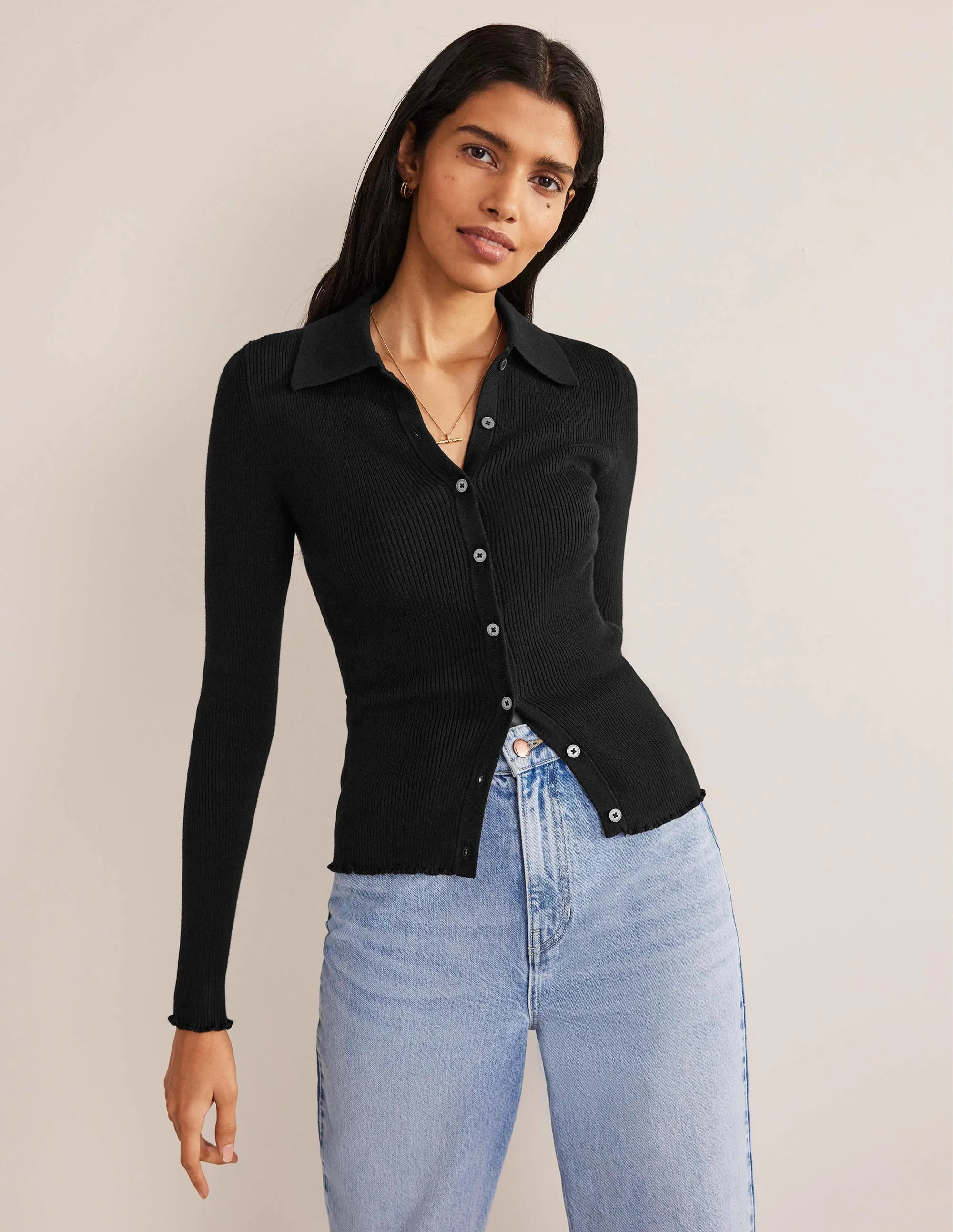 Ribbed-Knit Fitted Shirt-Black