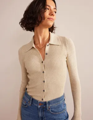 Ribbed-Knit Fitted Shirt-Oatmeal, Gold Sparkle
