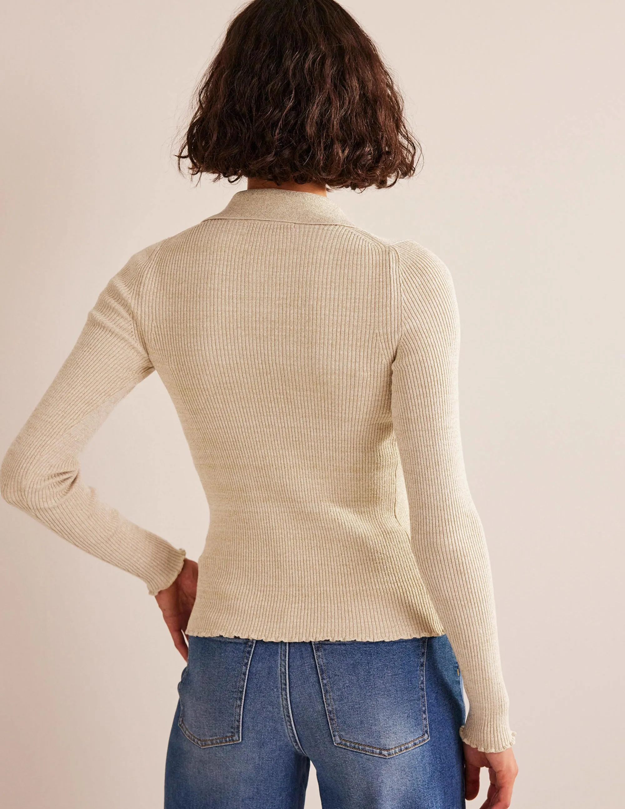 Ribbed-Knit Fitted Shirt-Oatmeal, Gold Sparkle