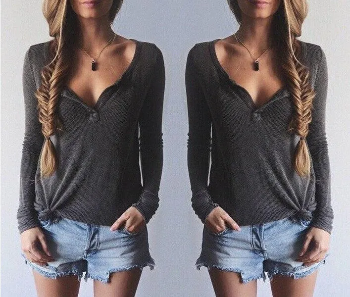 Ribbed Knit V-neck Pure Color Long Sleeves Sweater