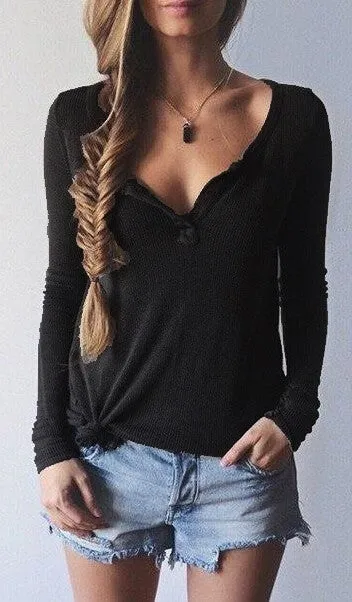 Ribbed Knit V-neck Pure Color Long Sleeves Sweater