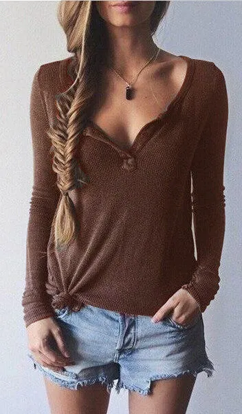 Ribbed Knit V-neck Pure Color Long Sleeves Sweater