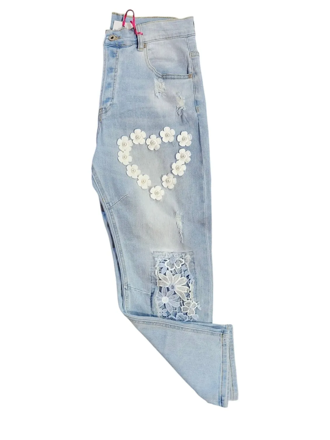 RIBBON HEART DISTRESSED WASH OUT JEANS