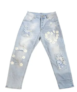 RIBBON HEART DISTRESSED WASH OUT JEANS