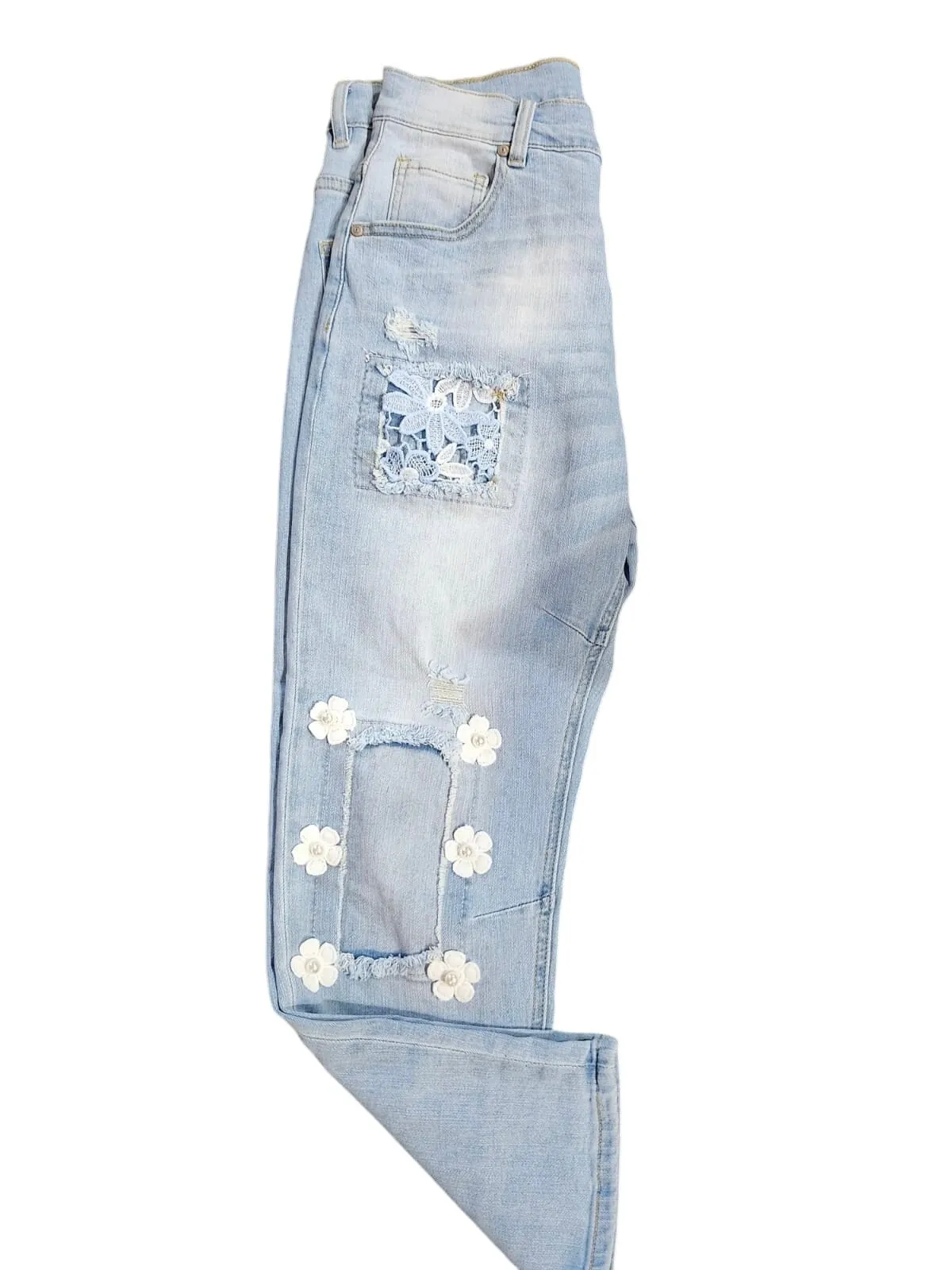 RIBBON HEART DISTRESSED WASH OUT JEANS