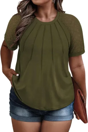 RITERA Plus Size Tops for Women Crewneck Short Sleeve Lace Flower Pleated Front Tshirt Casual Summer Blouse XL-5XL