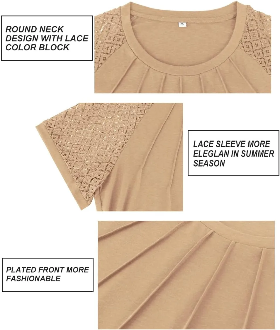 RITERA Plus Size Tops for Women Crewneck Short Sleeve Lace Flower Pleated Front Tshirt Casual Summer Blouse XL-5XL