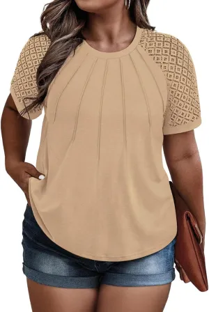 RITERA Plus Size Tops for Women Crewneck Short Sleeve Lace Flower Pleated Front Tshirt Casual Summer Blouse XL-5XL
