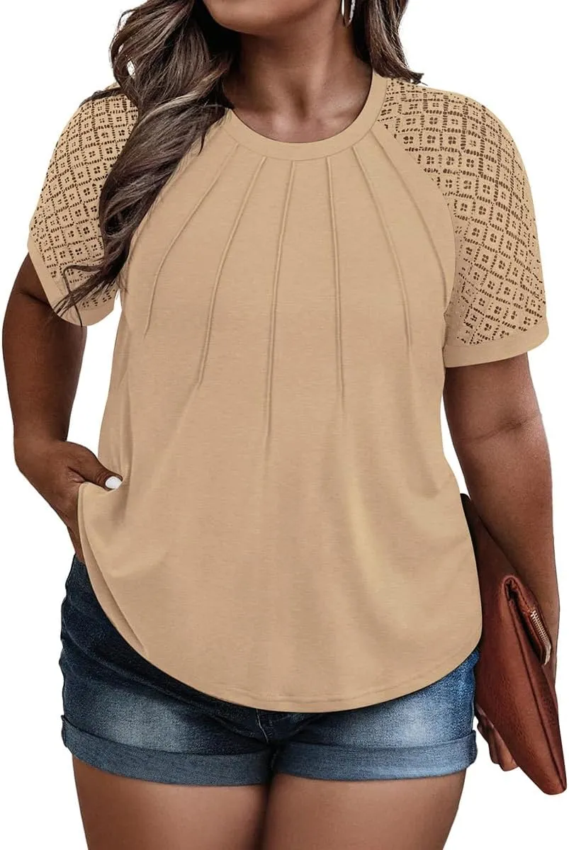RITERA Plus Size Tops for Women Crewneck Short Sleeve Lace Flower Pleated Front Tshirt Casual Summer Blouse XL-5XL