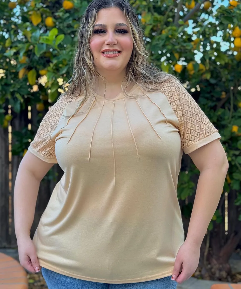 RITERA Plus Size Tops for Women Crewneck Short Sleeve Lace Flower Pleated Front Tshirt Casual Summer Blouse XL-5XL