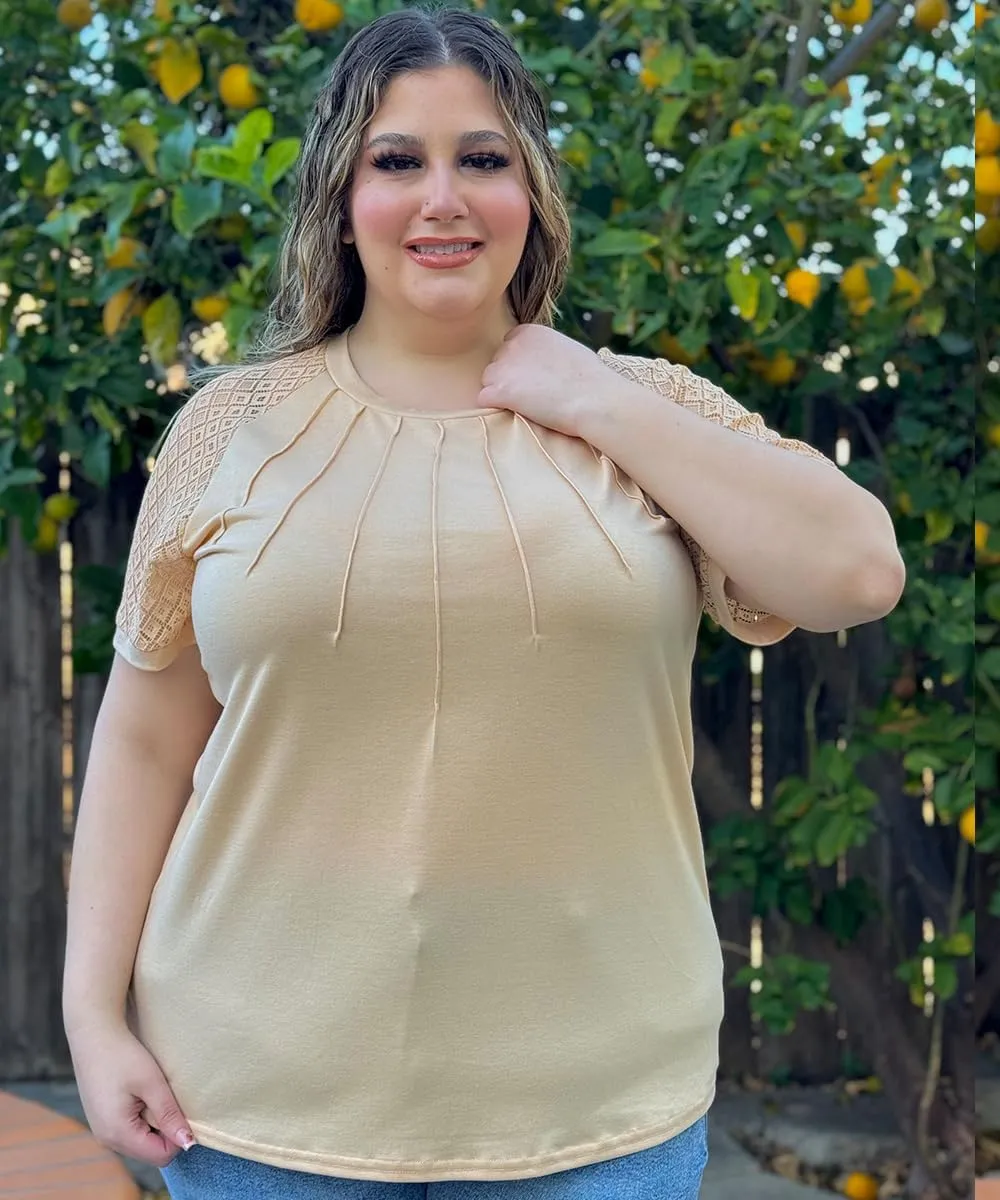 RITERA Plus Size Tops for Women Crewneck Short Sleeve Lace Flower Pleated Front Tshirt Casual Summer Blouse XL-5XL