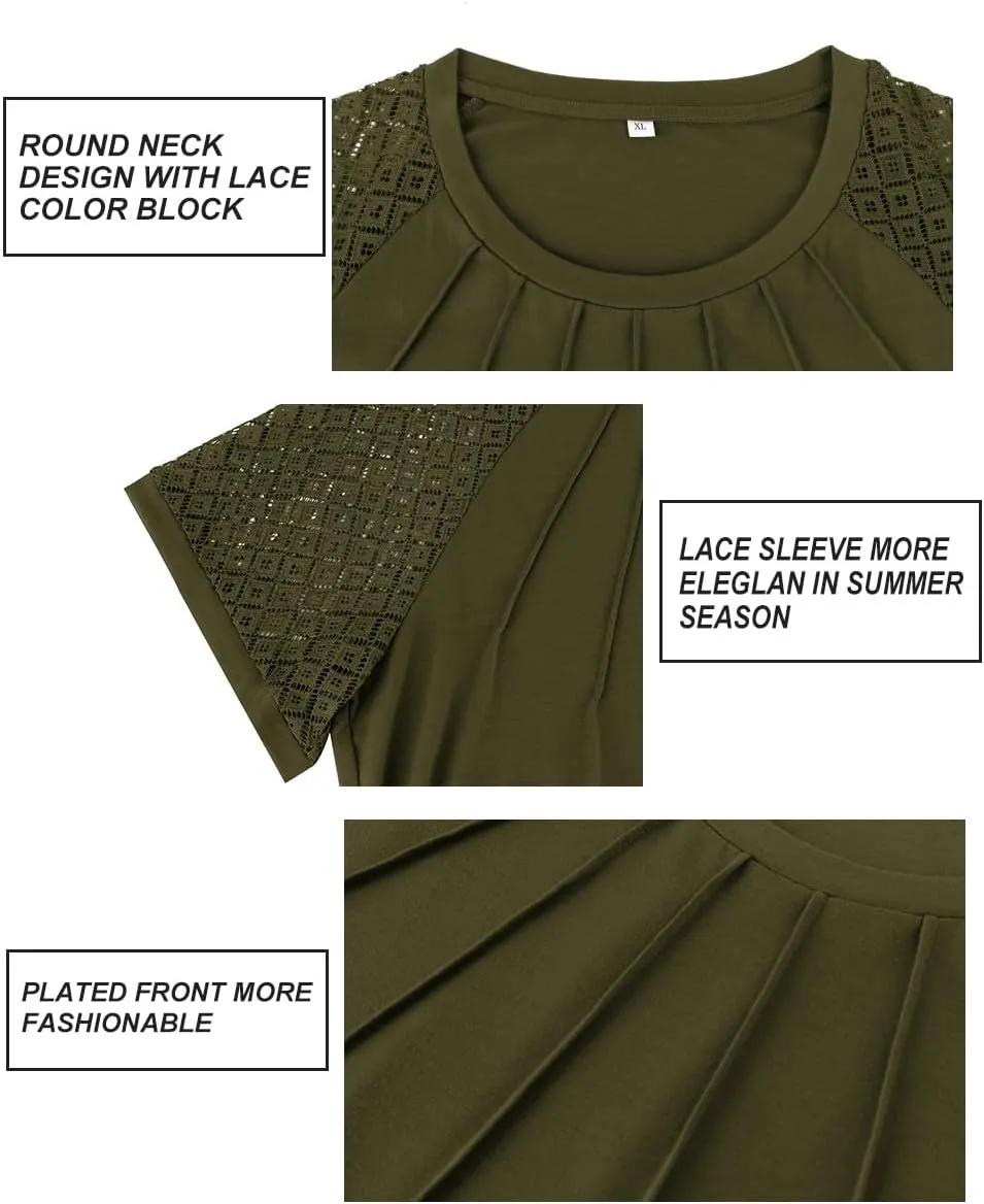 RITERA Plus Size Tops for Women Crewneck Short Sleeve Lace Flower Pleated Front Tshirt Casual Summer Blouse XL-5XL