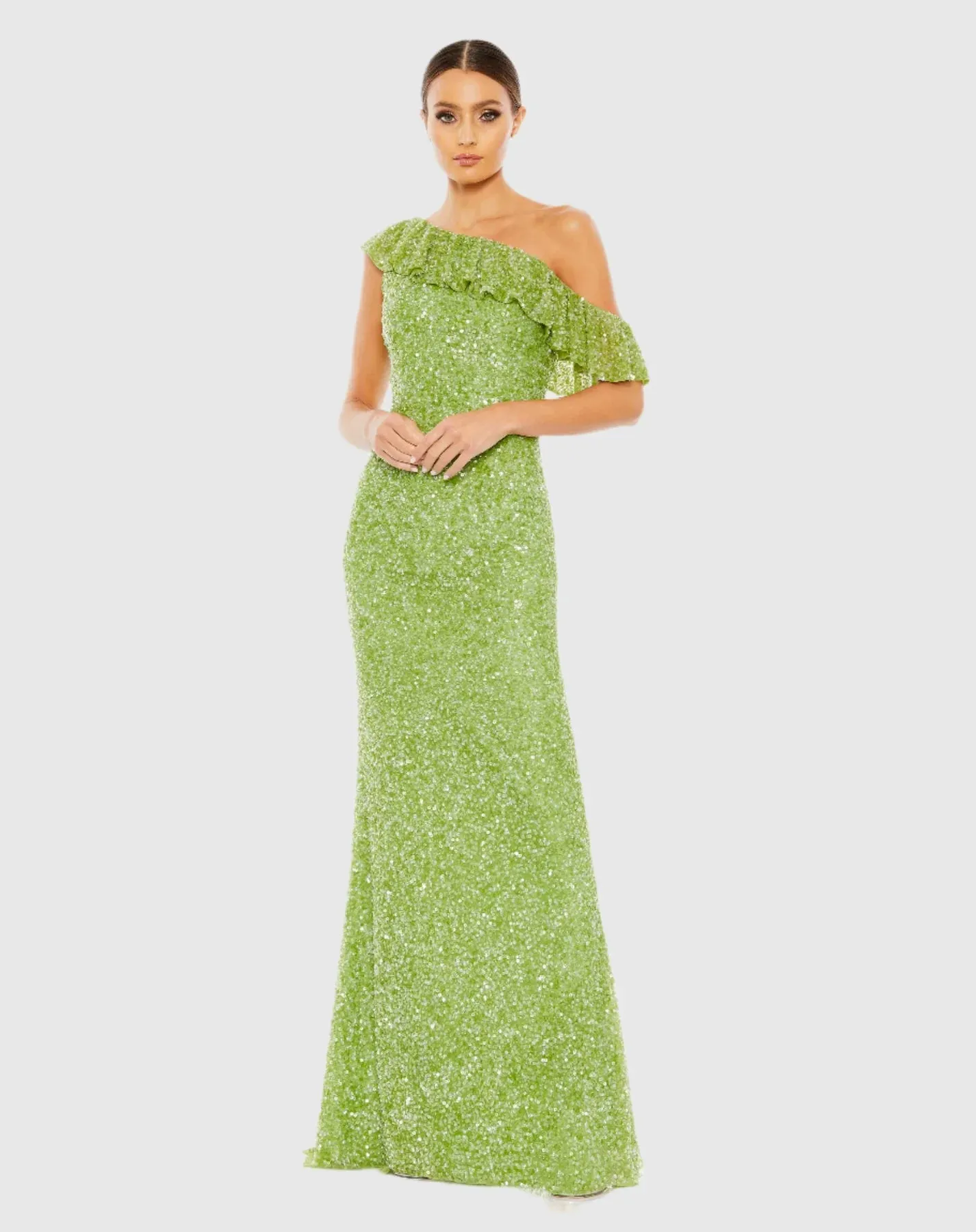 Sequin drop shoulder trumpet gown - Key Lime