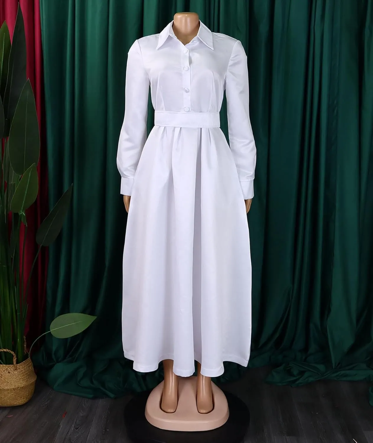 Sexyshine Women's Lapel Button Down Satin Maxi Dress Elegant Long Sleeve A Line Belted Pleated Flared Blouse Shirt Dress