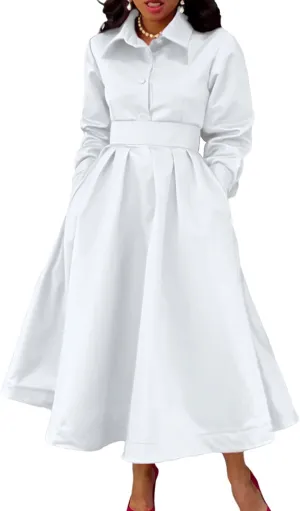 Sexyshine Women's Lapel Button Down Satin Maxi Dress Elegant Long Sleeve A Line Belted Pleated Flared Blouse Shirt Dress
