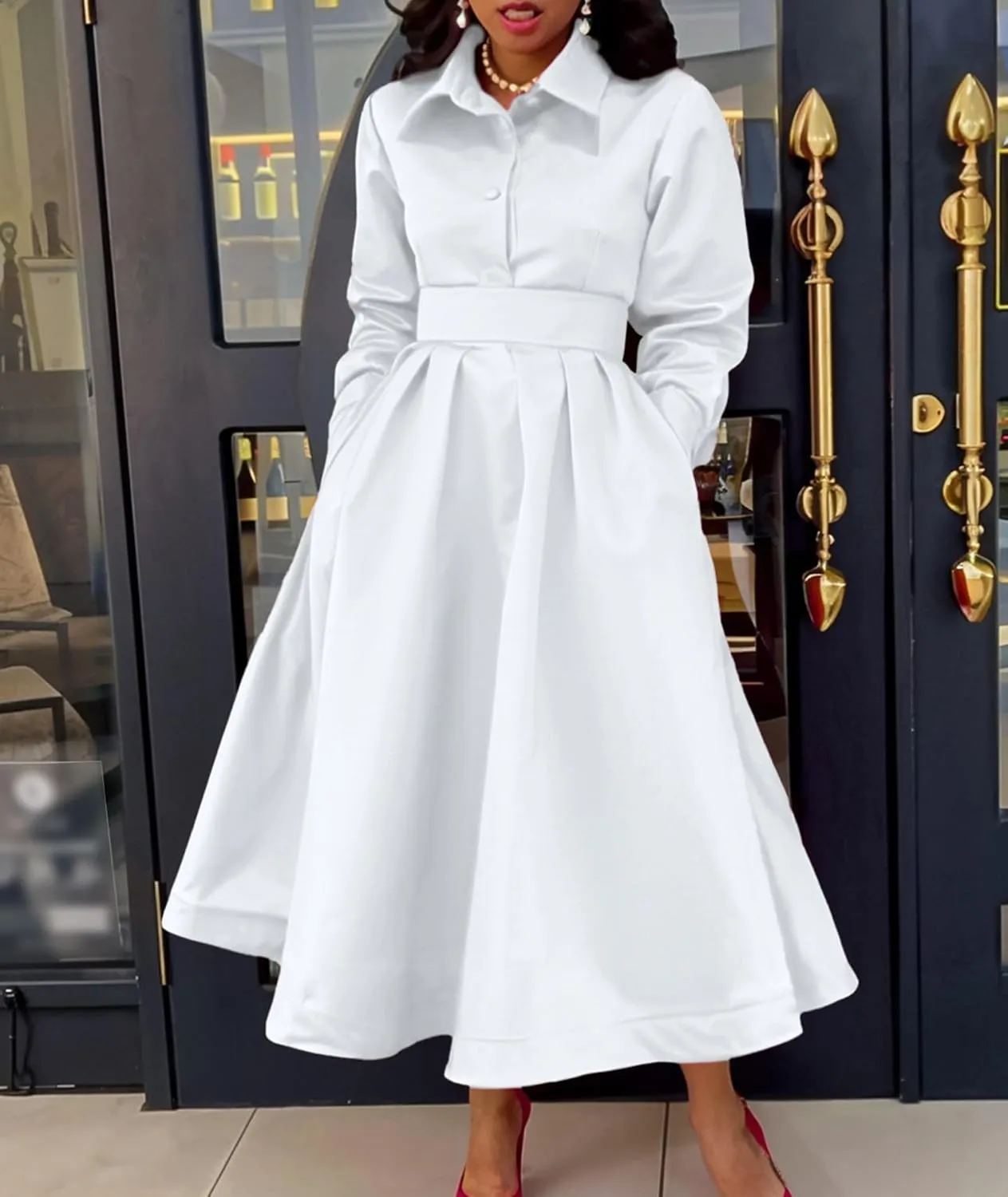 Sexyshine Women's Lapel Button Down Satin Maxi Dress Elegant Long Sleeve A Line Belted Pleated Flared Blouse Shirt Dress